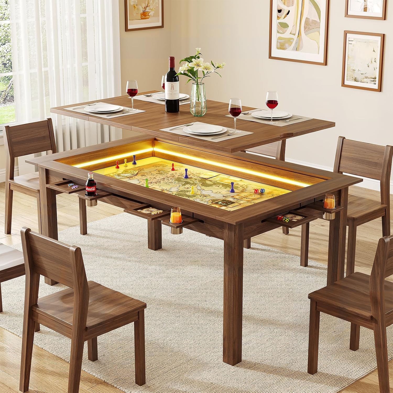 Board Game Cafe - Walnuss-Brettspiel-Tisch mit RGB-LED-Beleuchtung, abnehmbarer Tischplatte, Esstisch